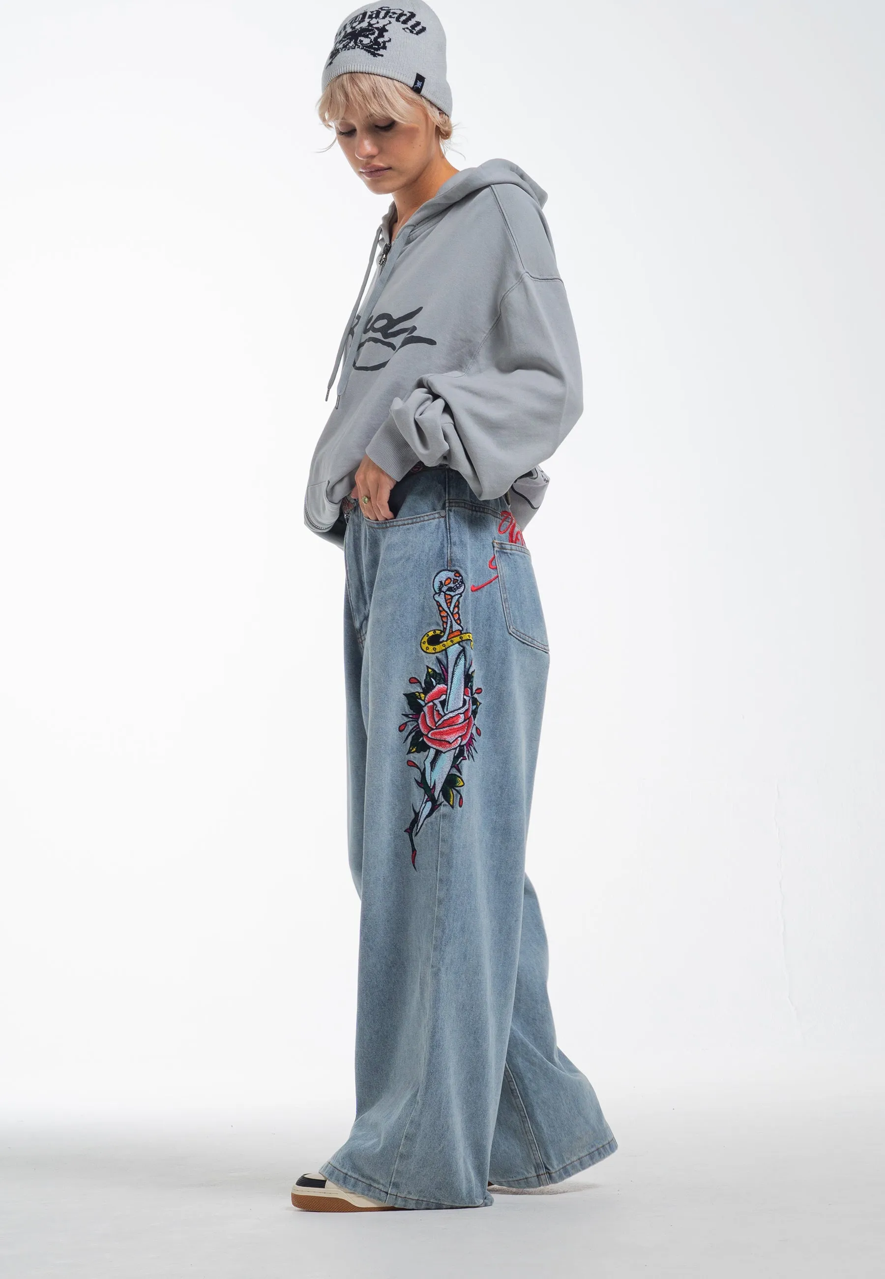 Womens Love Kills Xtra Oversized Denim Trousers Jeans - Bleach